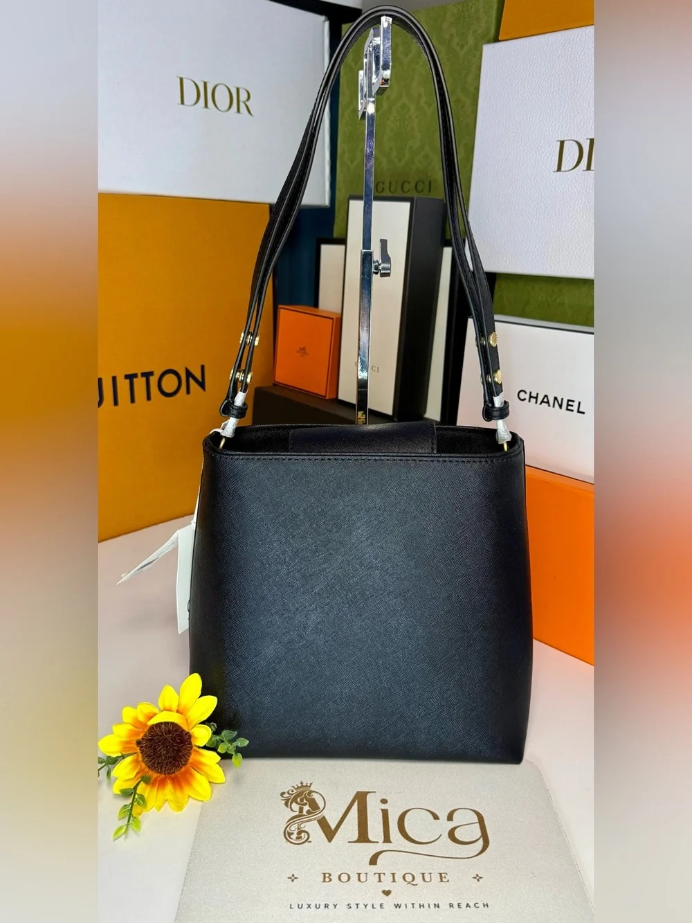 🆕TORY BURCH Emerson Saffiano Leather MD Convertible Bucket Bag ~Black~ 2inONE